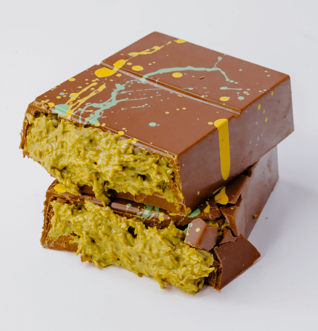 Cracked Pistachio & Kataifi chocolate bar showing creamy pistachio filling and crispy kataifi strands