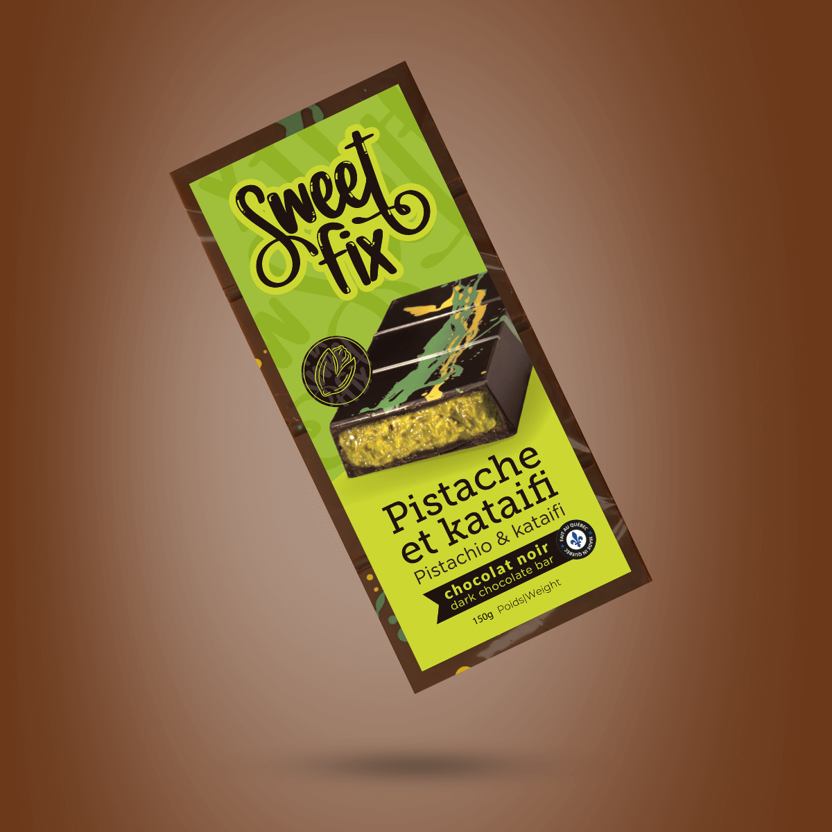 dark chocolate bar with pistachio cream and kataifi inside