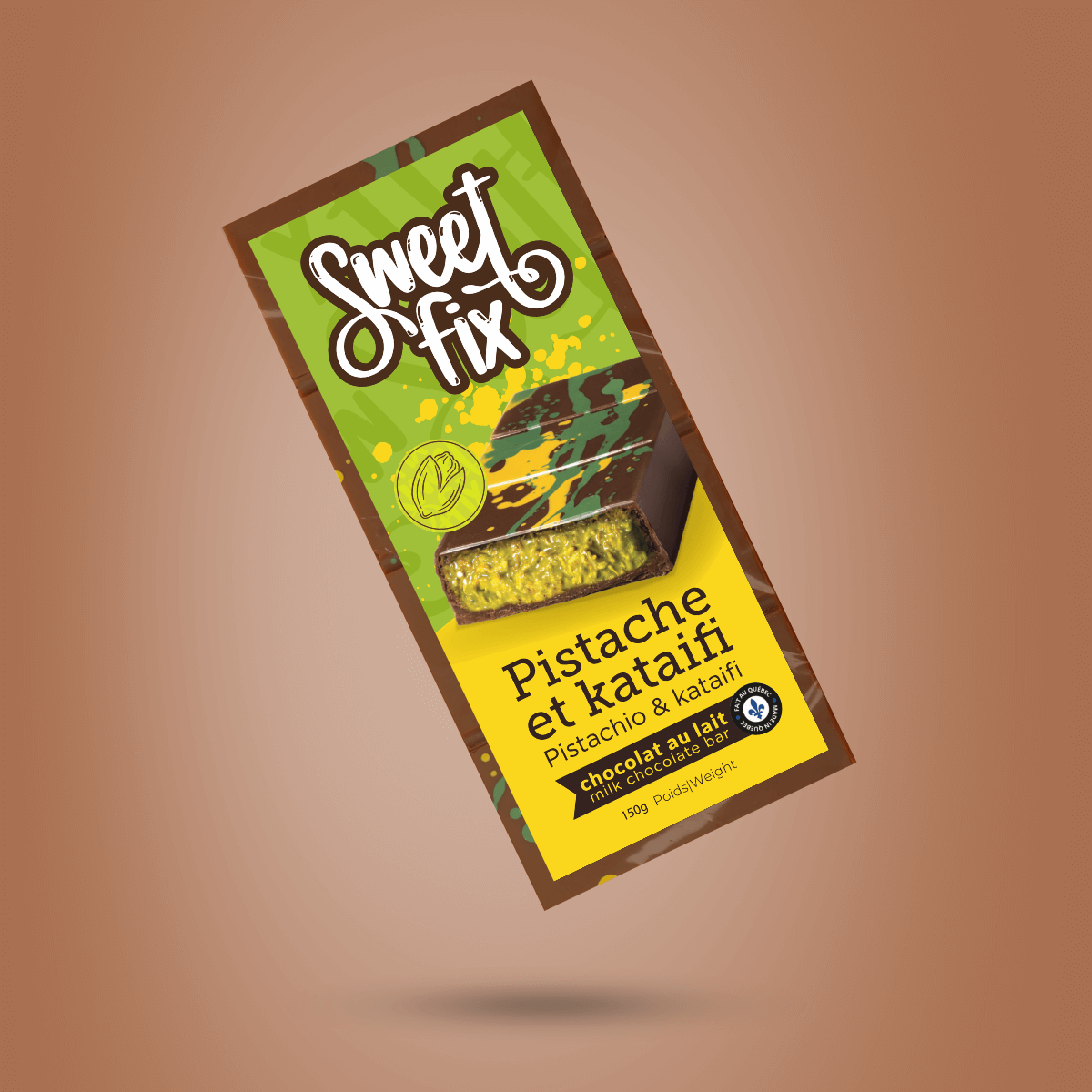 chocolate bar with pistachio cream and kataifi inside