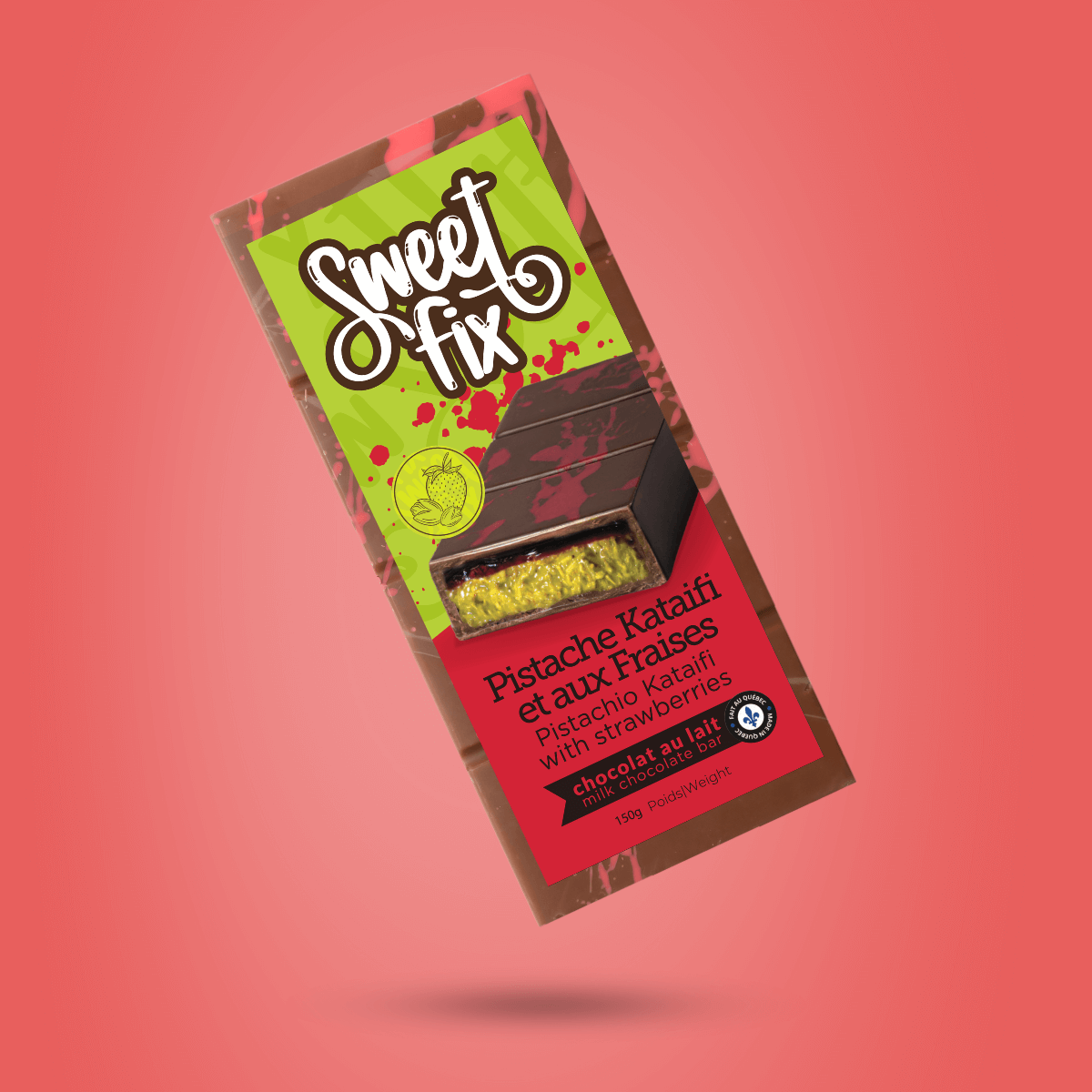 chocolate bar with pistachio cream, strawberry jam, and kataifi filling