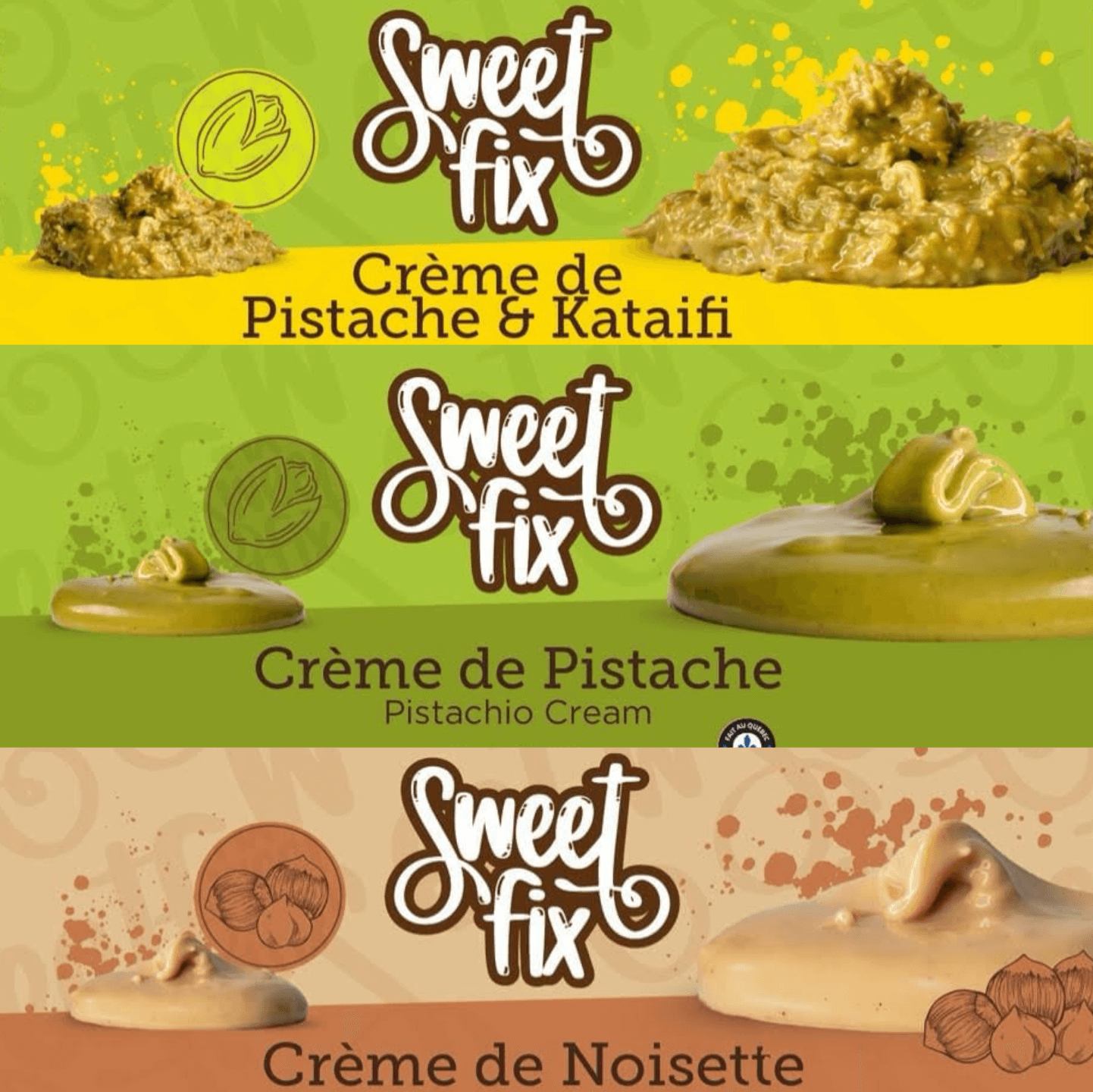 Collage of jar stickers for Pistachio, Pistachio & Kataifi, and Hazelnut spreads