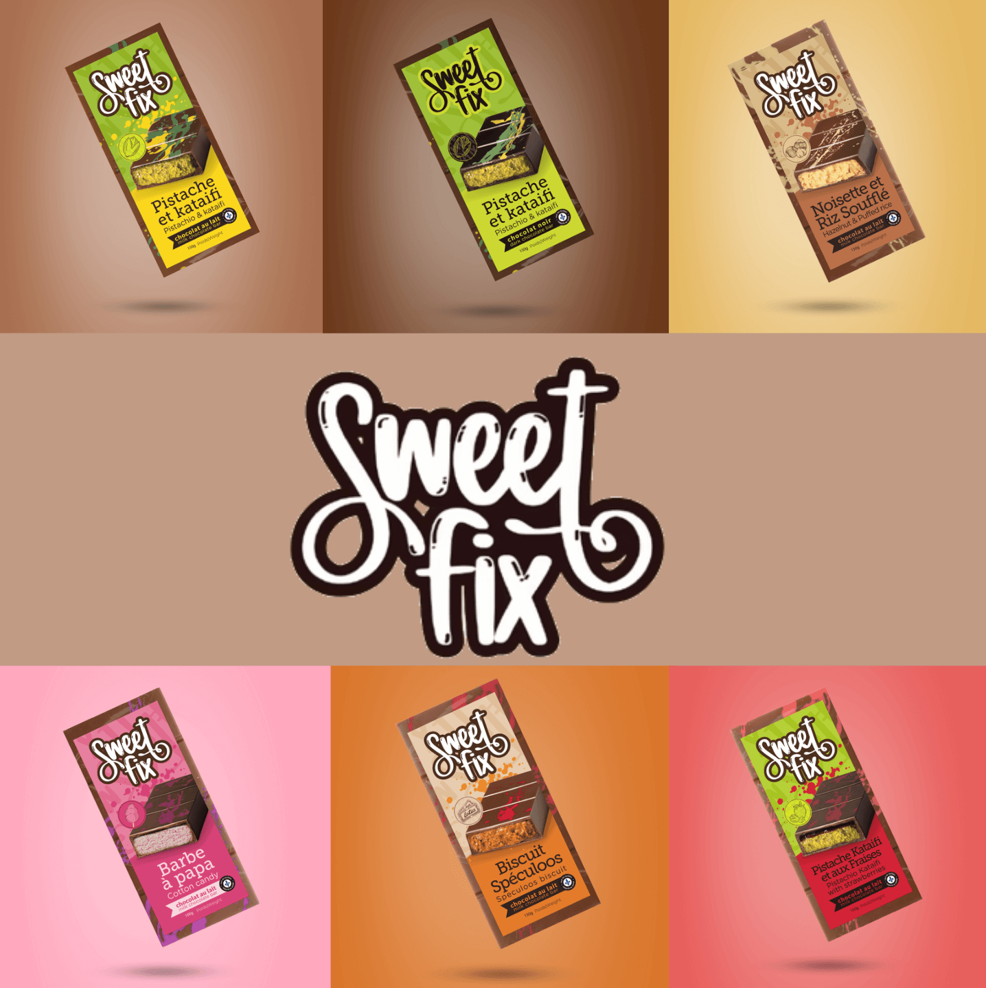 Collage of all Dubai-inspired chocolate bar flavors available for wholesale